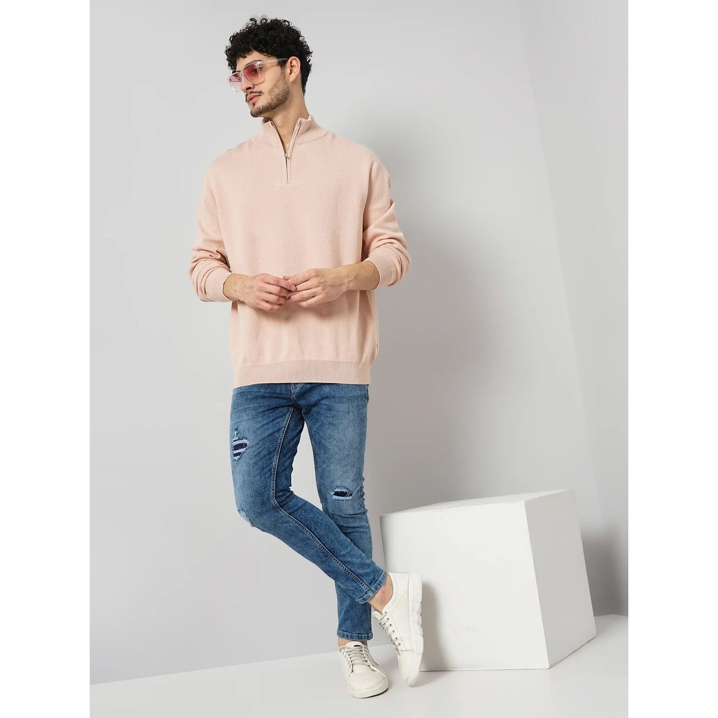 Cream Solid Cotton-Poly-Blend Sweater