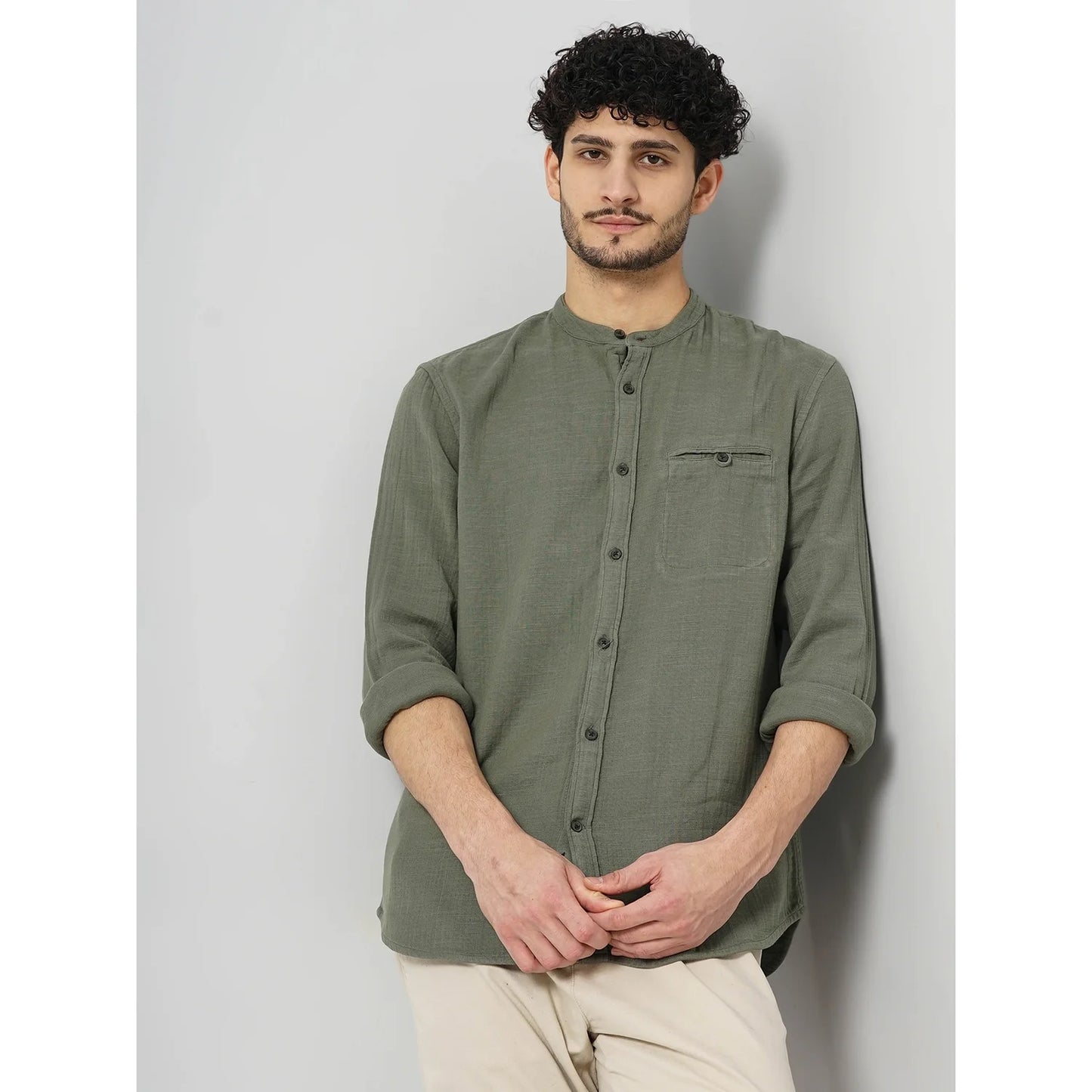 Cream Solid Cotton Shirt