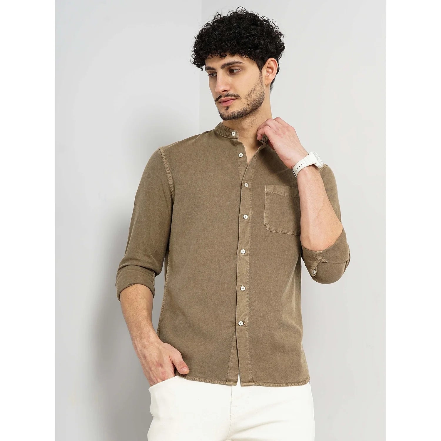 Cream Solid Cotton Shirt