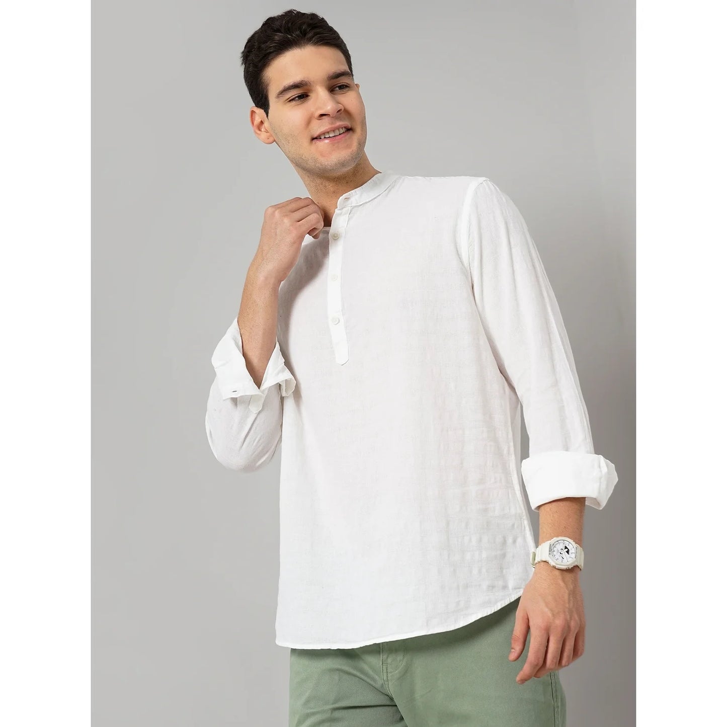 Cream Solid Cotton Blend Shirt