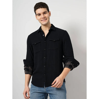 Celio* Solid Regular Fit Cotton Black Shirt