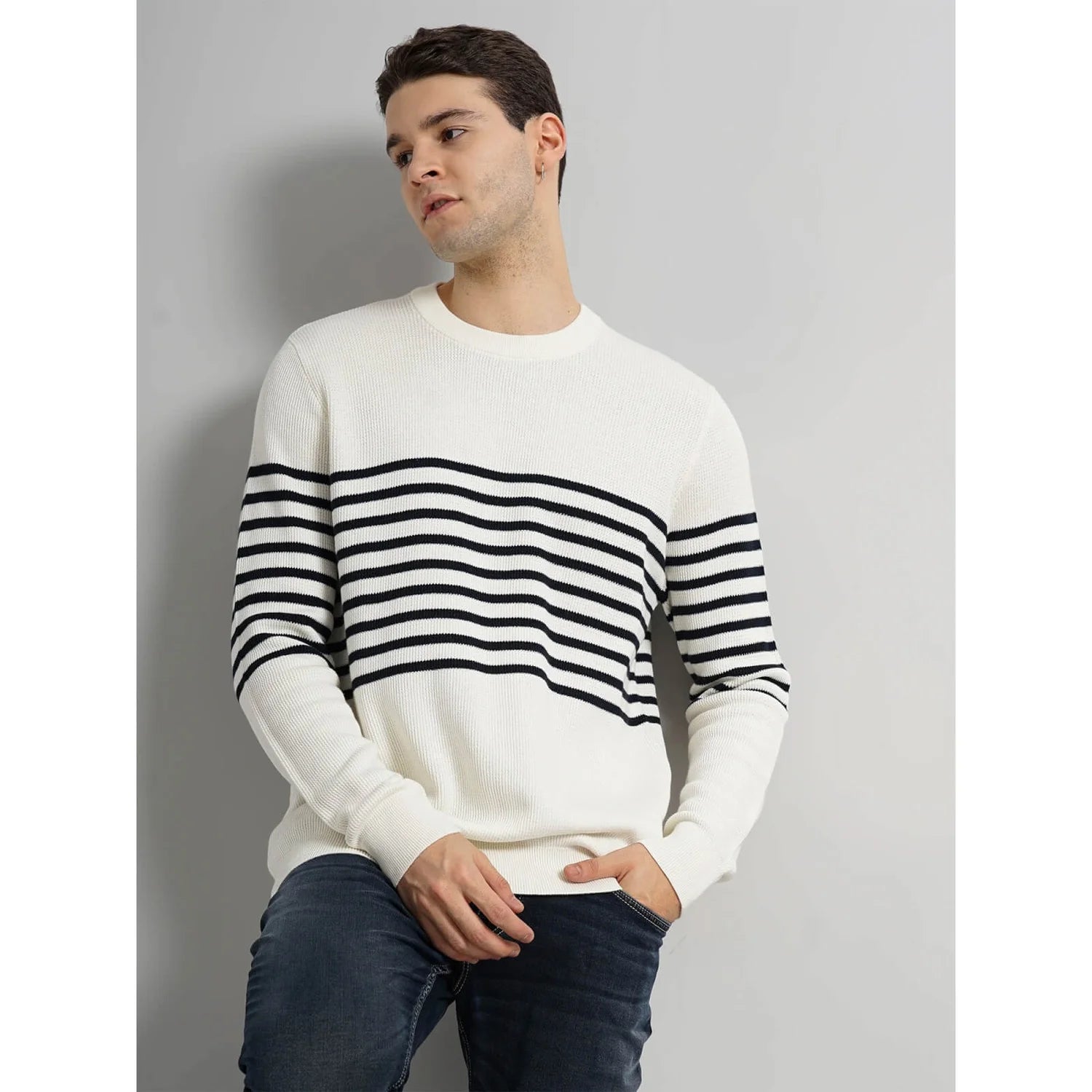 Cream Striped Cotton Sweater