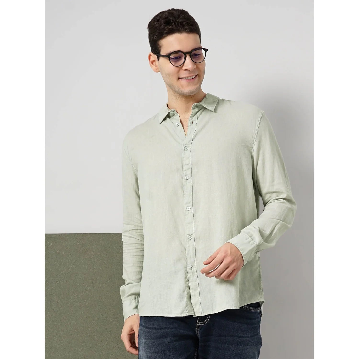 Cream Solid Linen Shirt