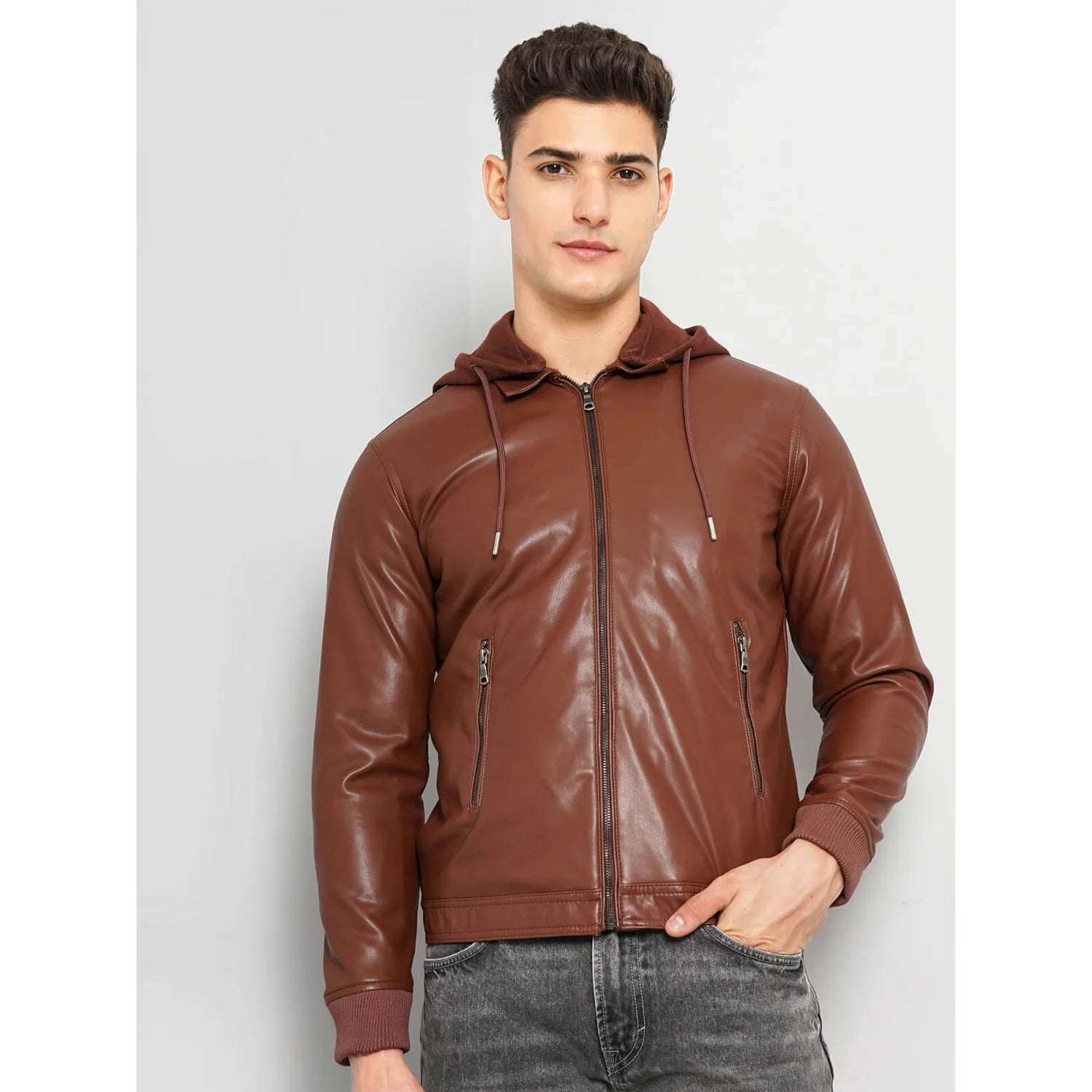 Brown Solid Polyurethane Jacket