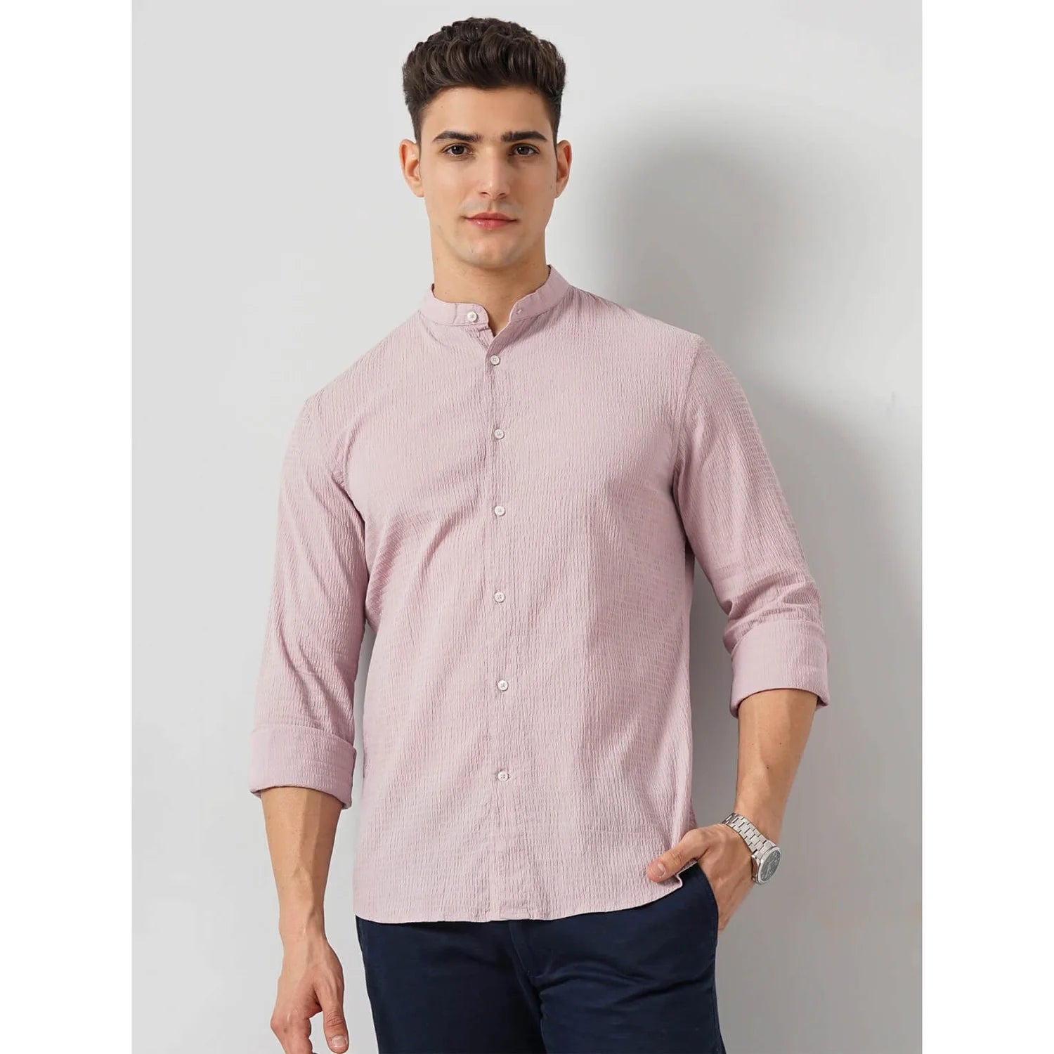 Cream Solid Cotton-Blend Shirt