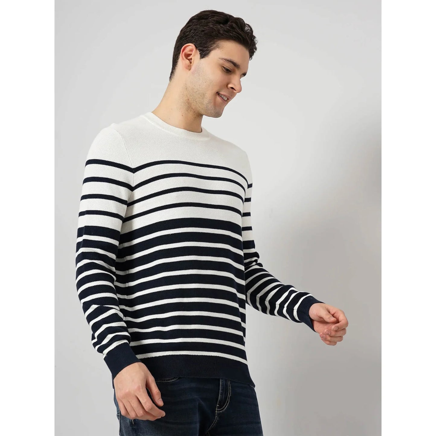 Cream Striped Cotton Sweater