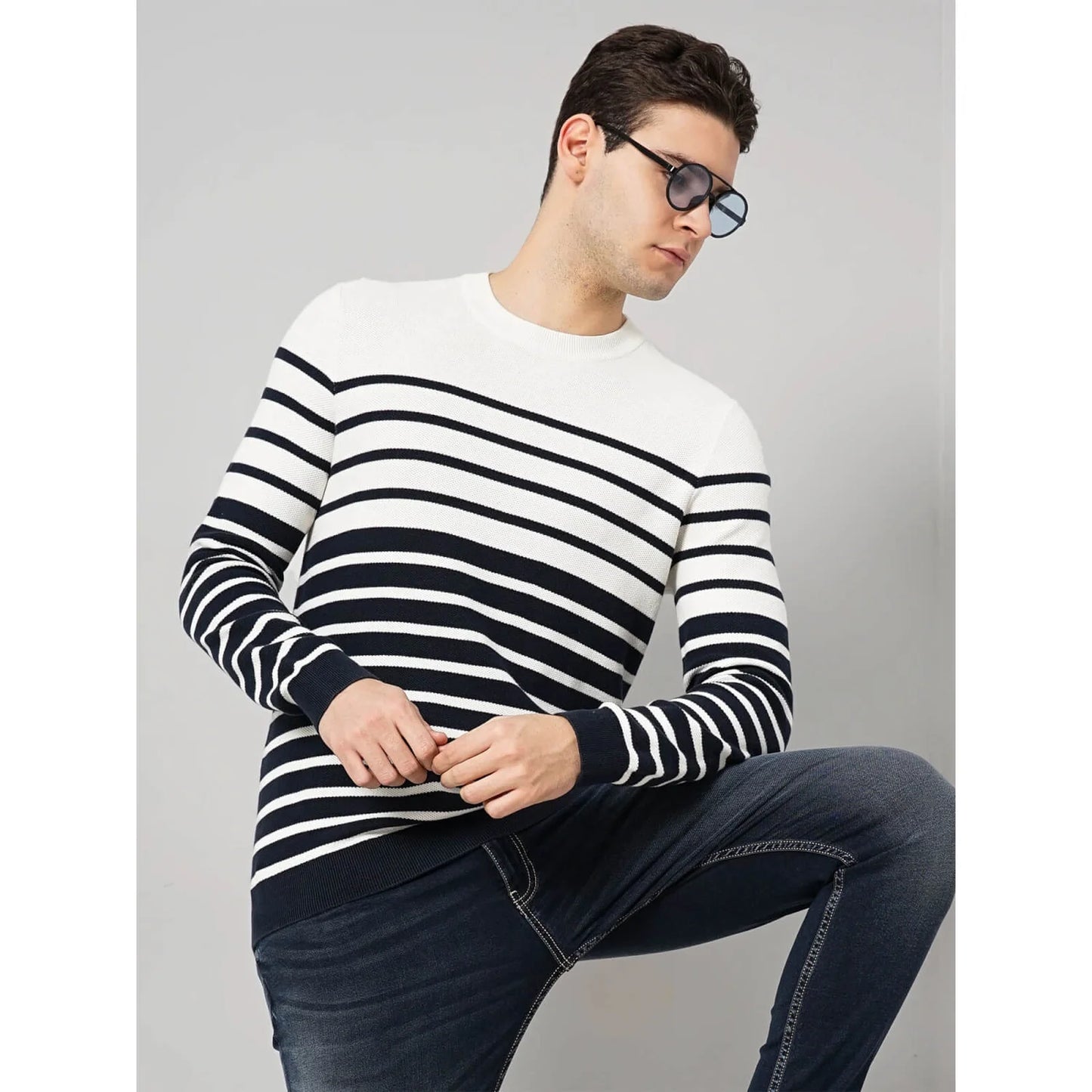 Cream Striped Cotton Sweater