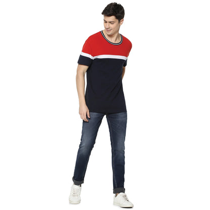 Navy Blue Colourblock Cotton T-shirt