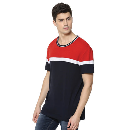 Navy Blue Colourblock Cotton T-shirt