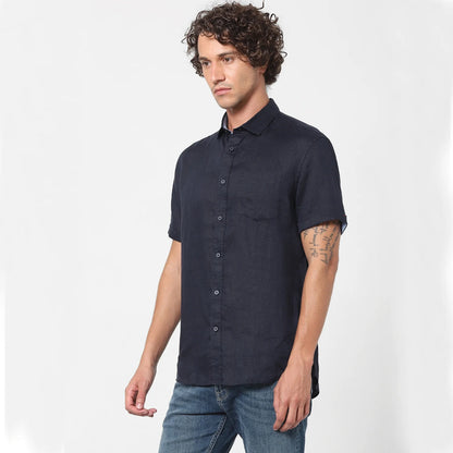 Navy Blue Solid Linen Shirt