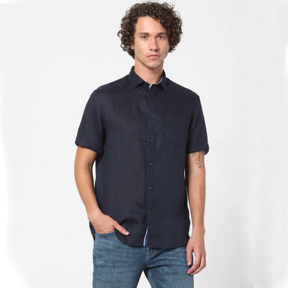 Navy Blue Solid Linen Shirt