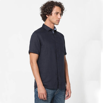 Navy Blue Solid Linen Shirt