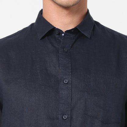 Navy Blue Solid Linen Shirt