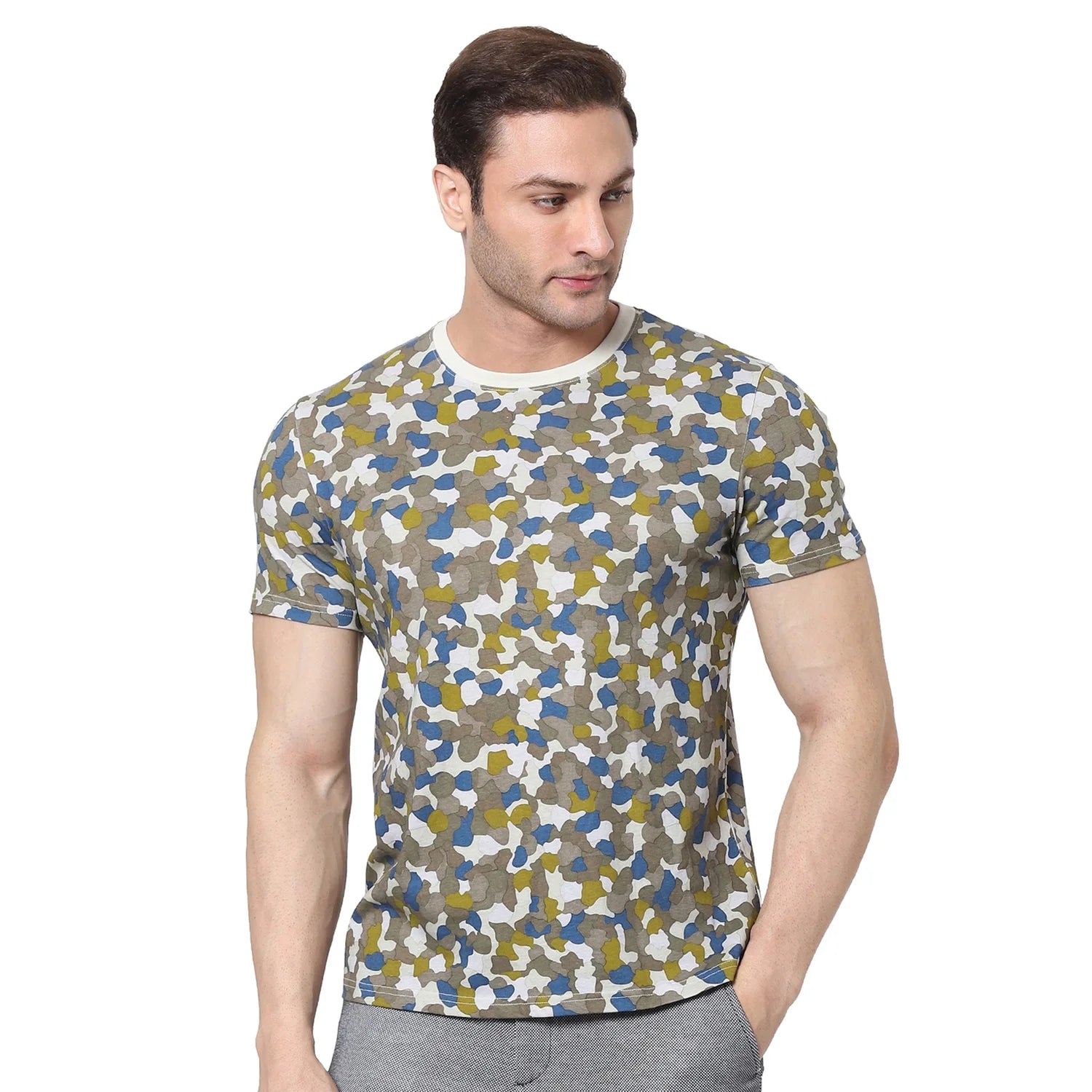 Khaki Printed Cotton T-shirt