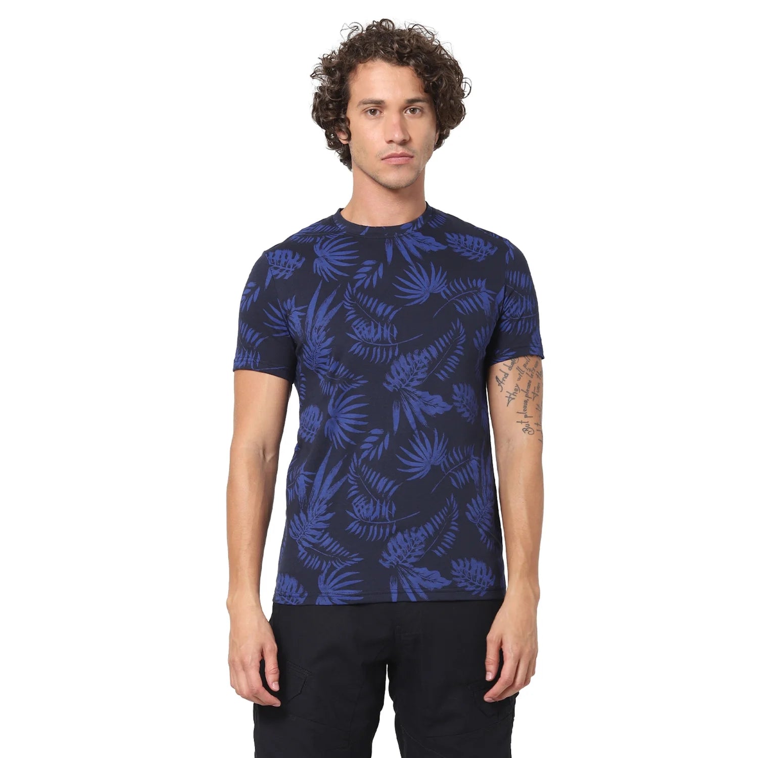 Navy Blue Printed Cotton T-shirt