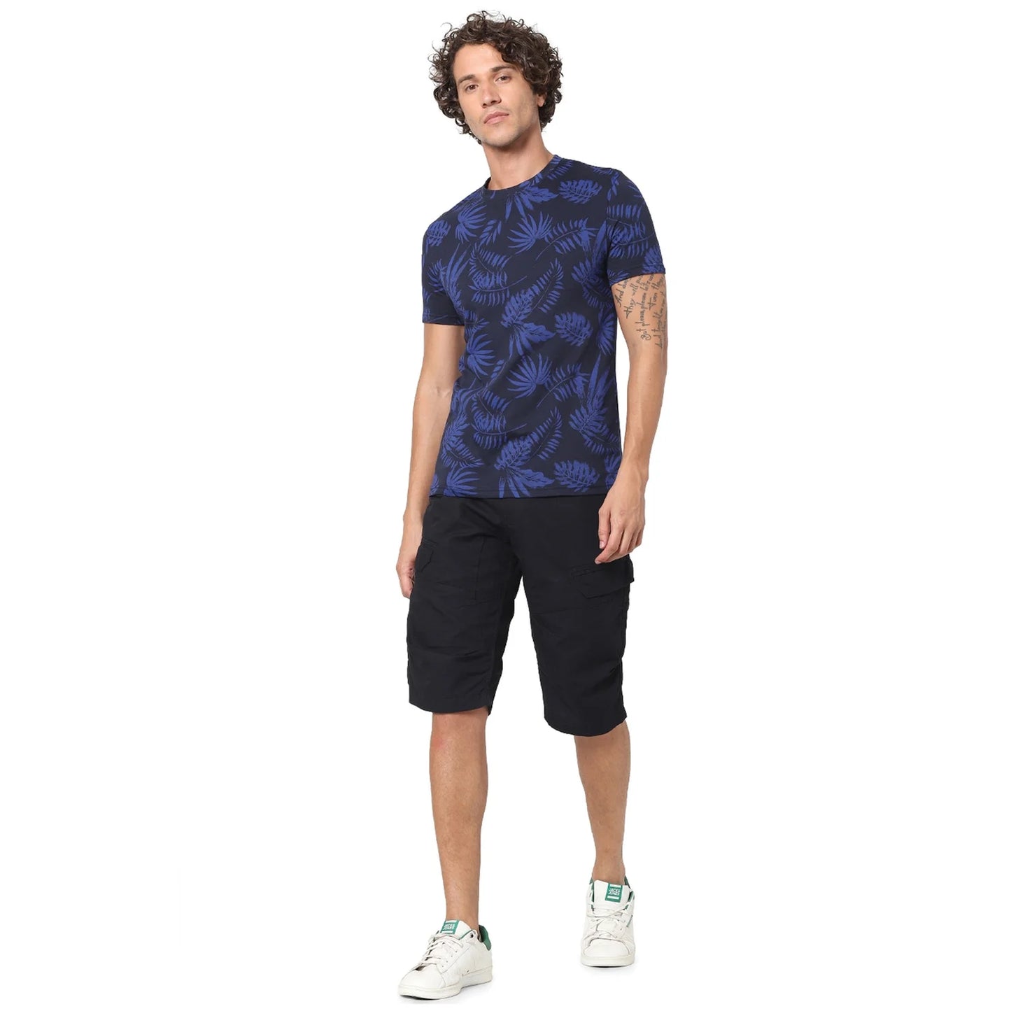 Navy Blue Printed Cotton T-shirt