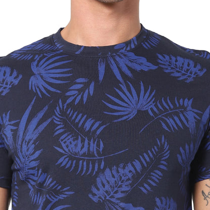 Navy Blue Printed Cotton T-shirt