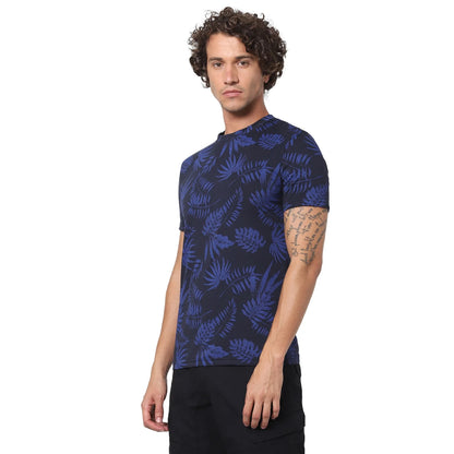 Navy Blue Printed Cotton T-shirt