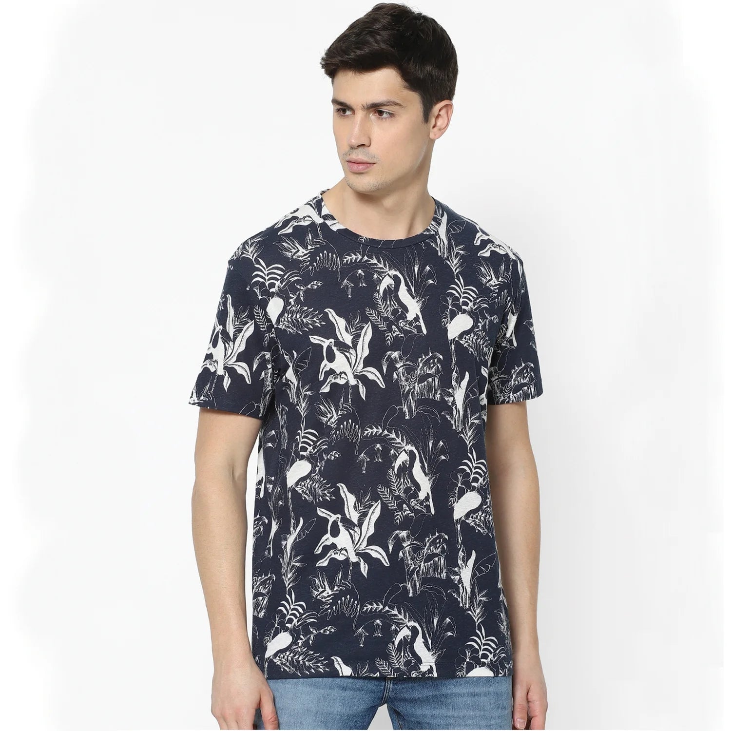 Navy Blue Printed Cotton T-shirt