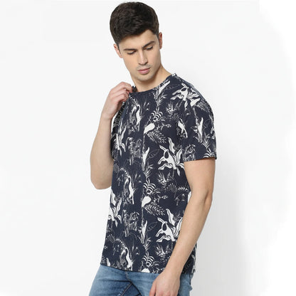 Navy Blue Printed Cotton T-shirt