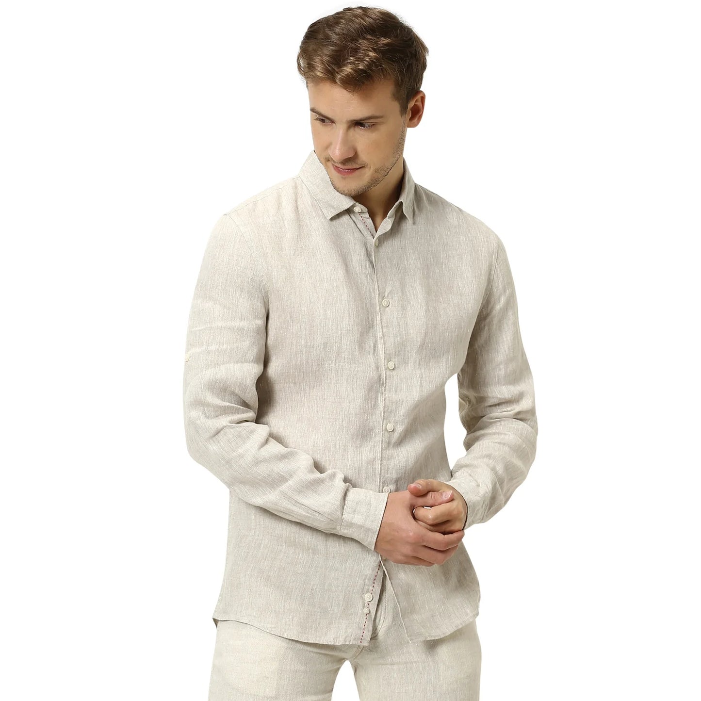 Beige Solid Linen Shirt