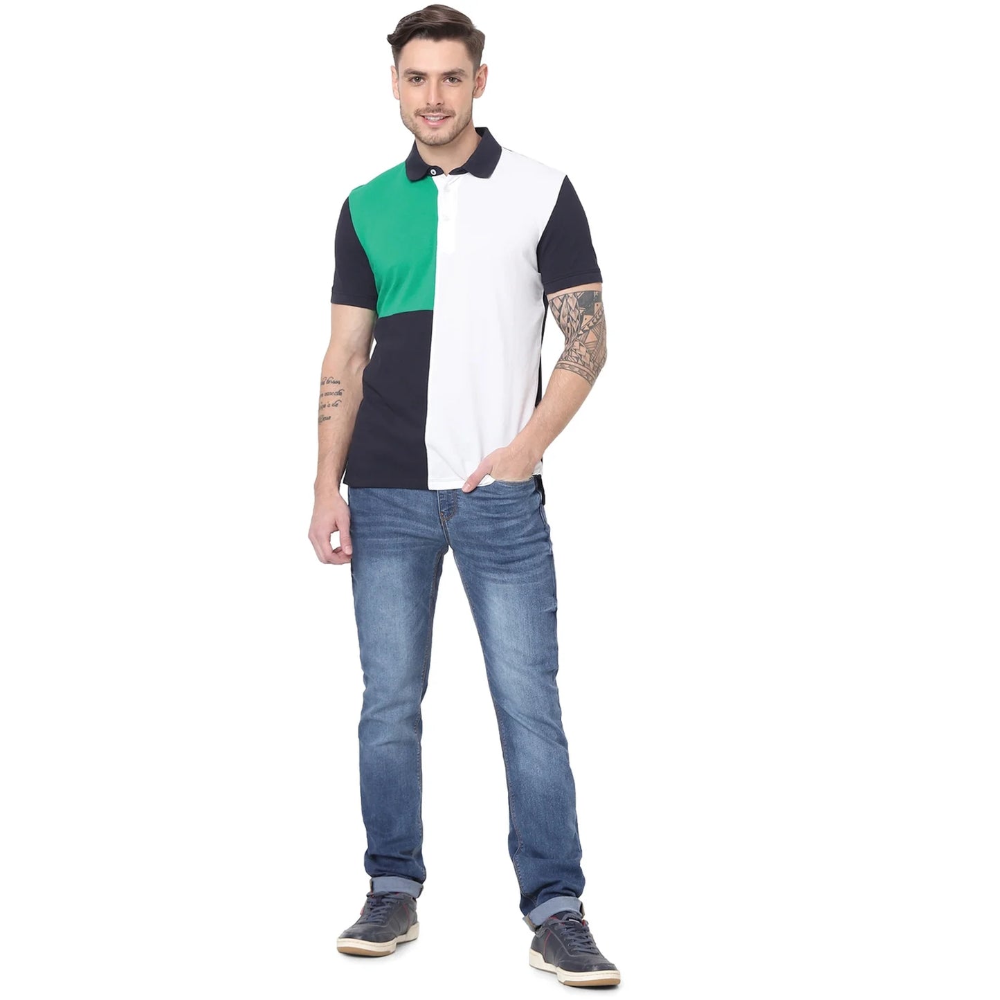 Green Colourblock Cotton Polo