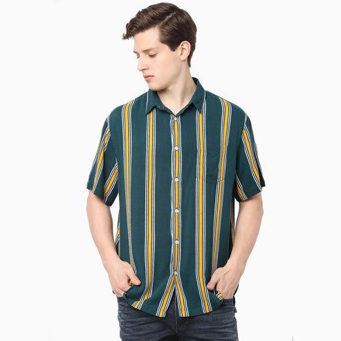 Celio* Striped Regular Fit Viscose Green Shirt