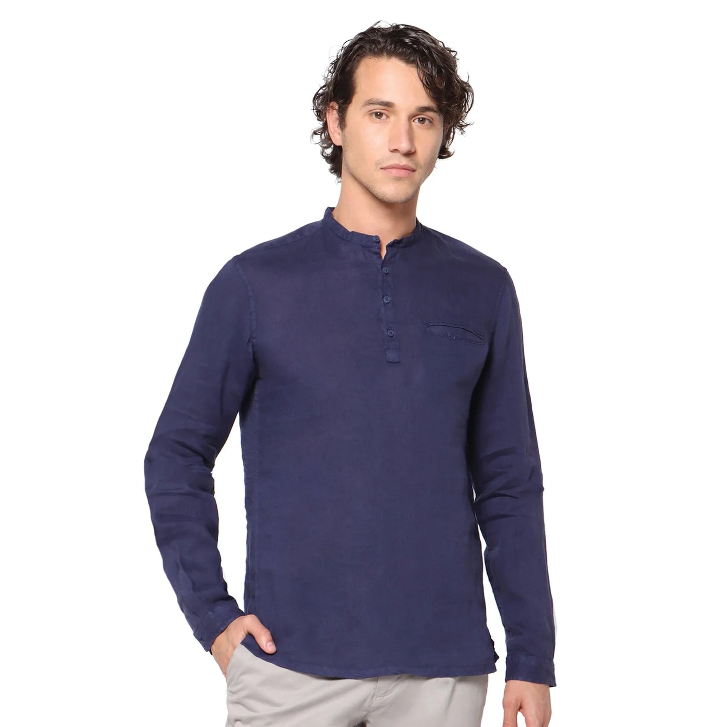 Navy Blue Solid Linen Shirt