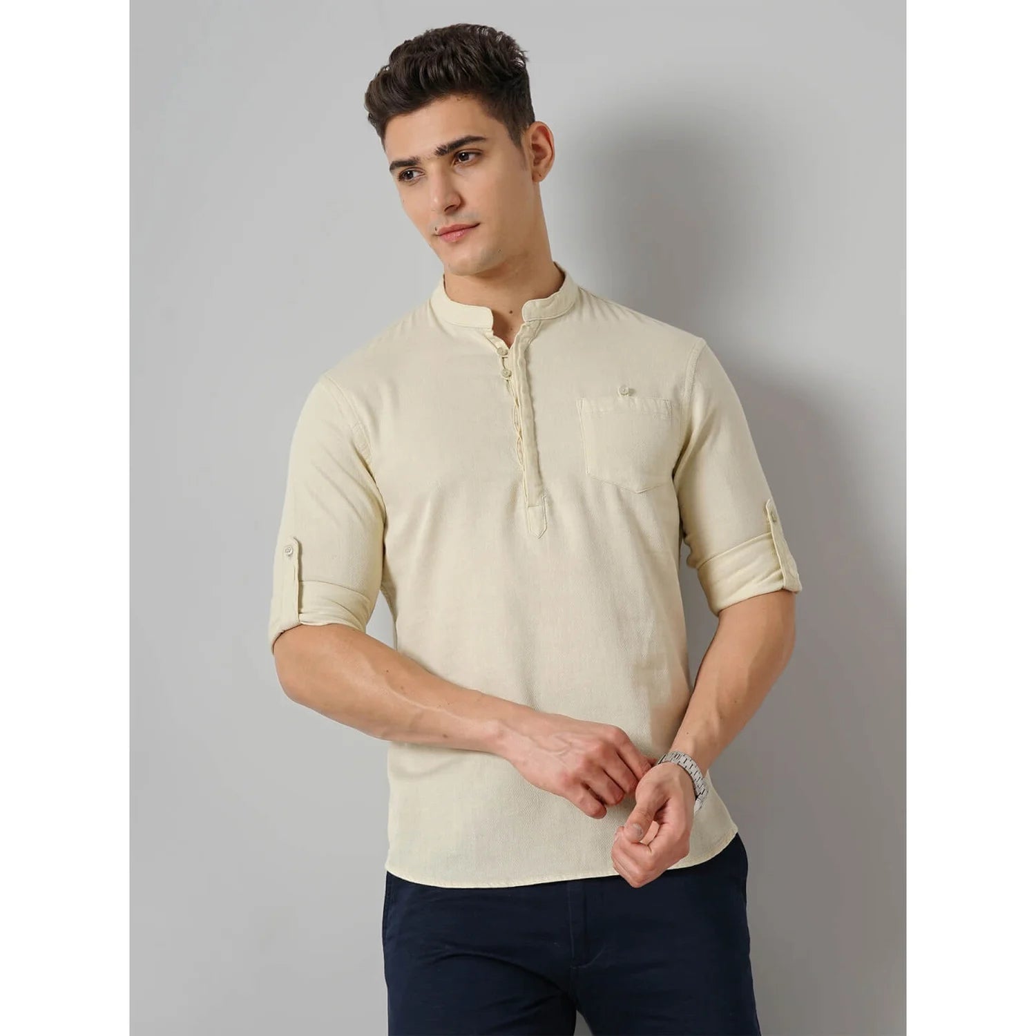 Cream Solid Cotton Shirt