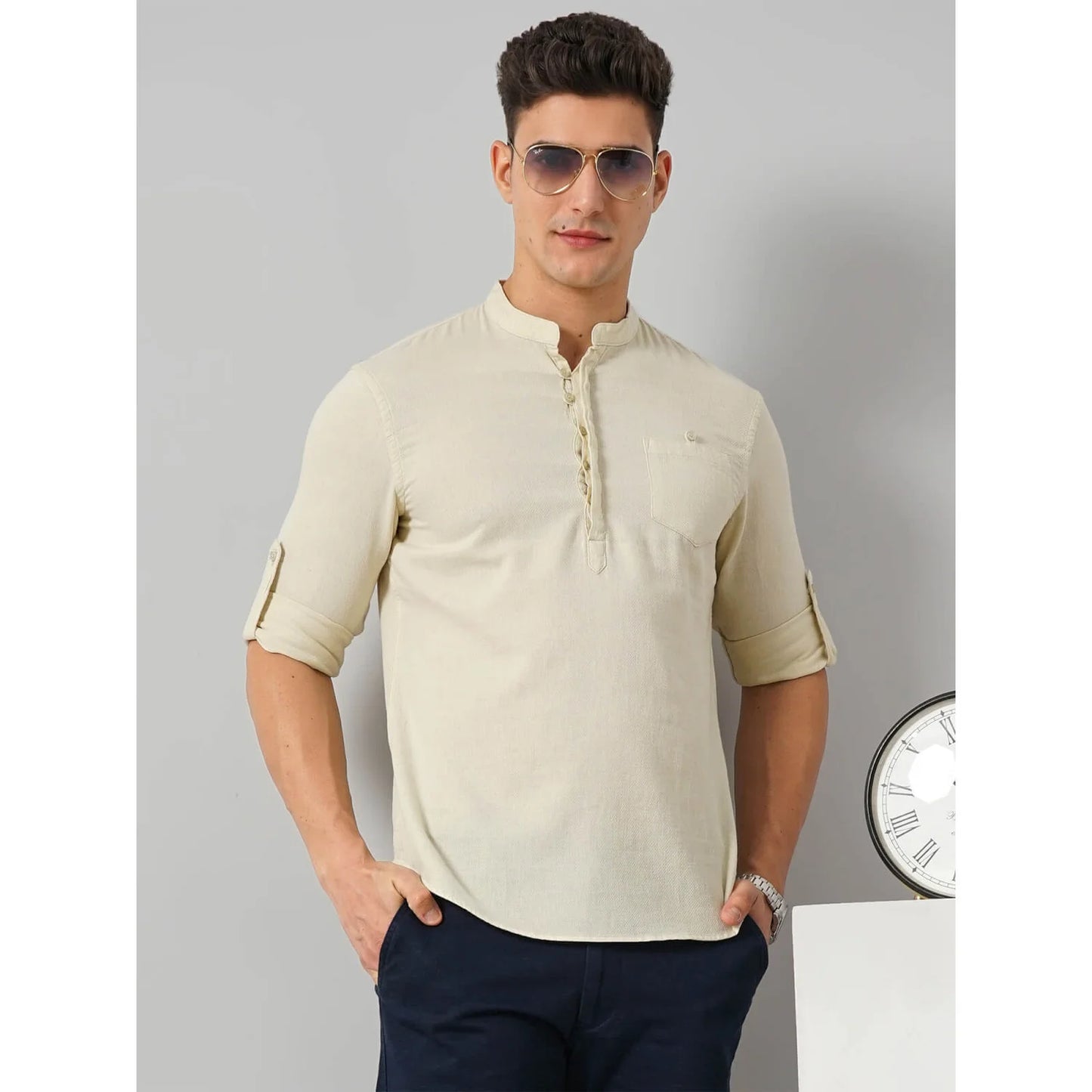 Cream Solid Cotton Shirt