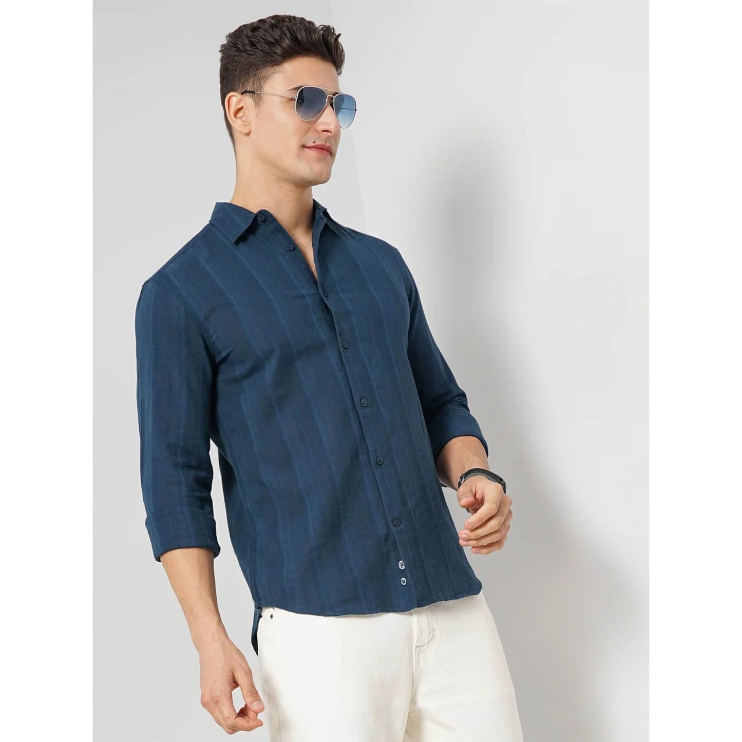 Cream Self-Design Cotton-Linen-Blend Shirt