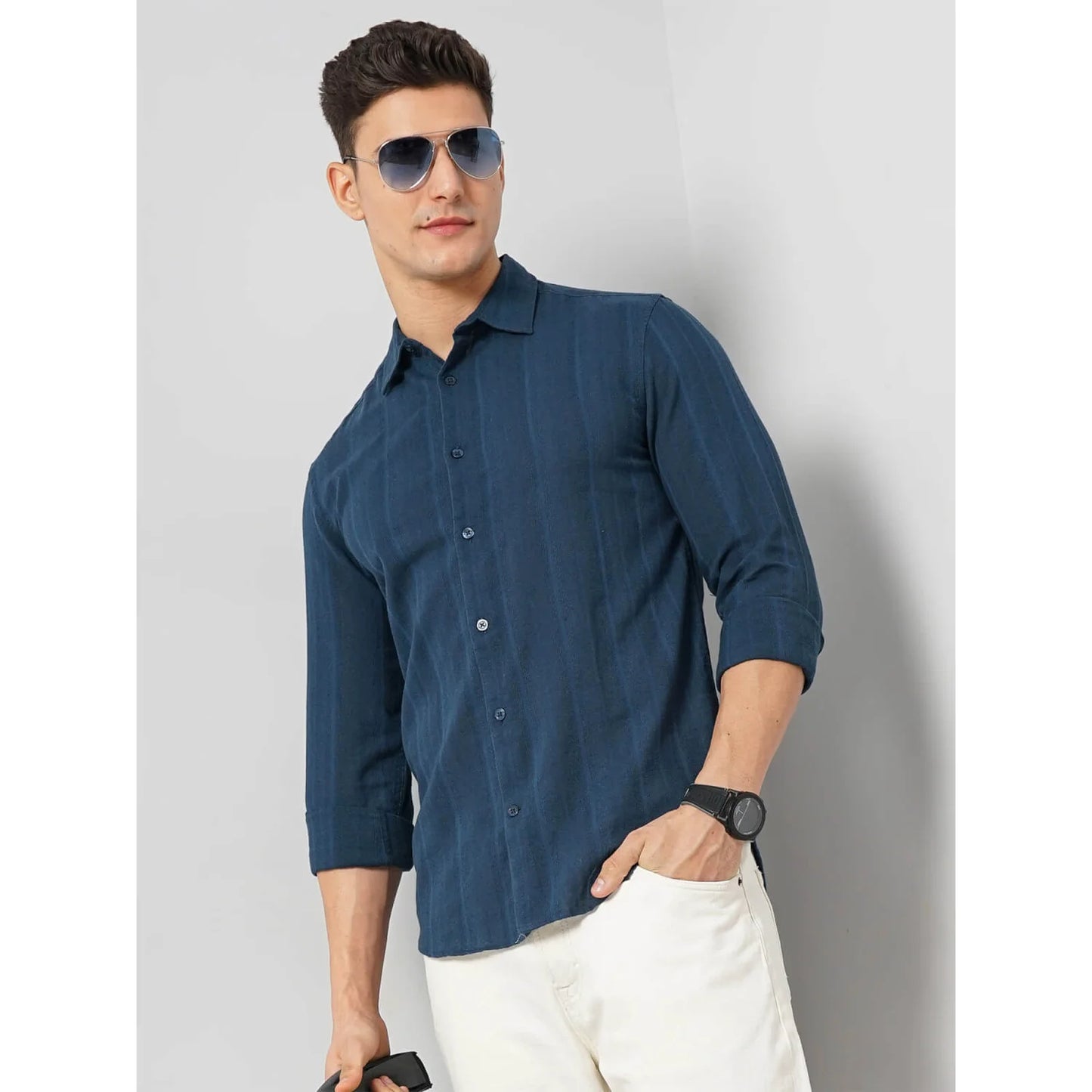 Cream Self-Design Cotton-Linen-Blend Shirt