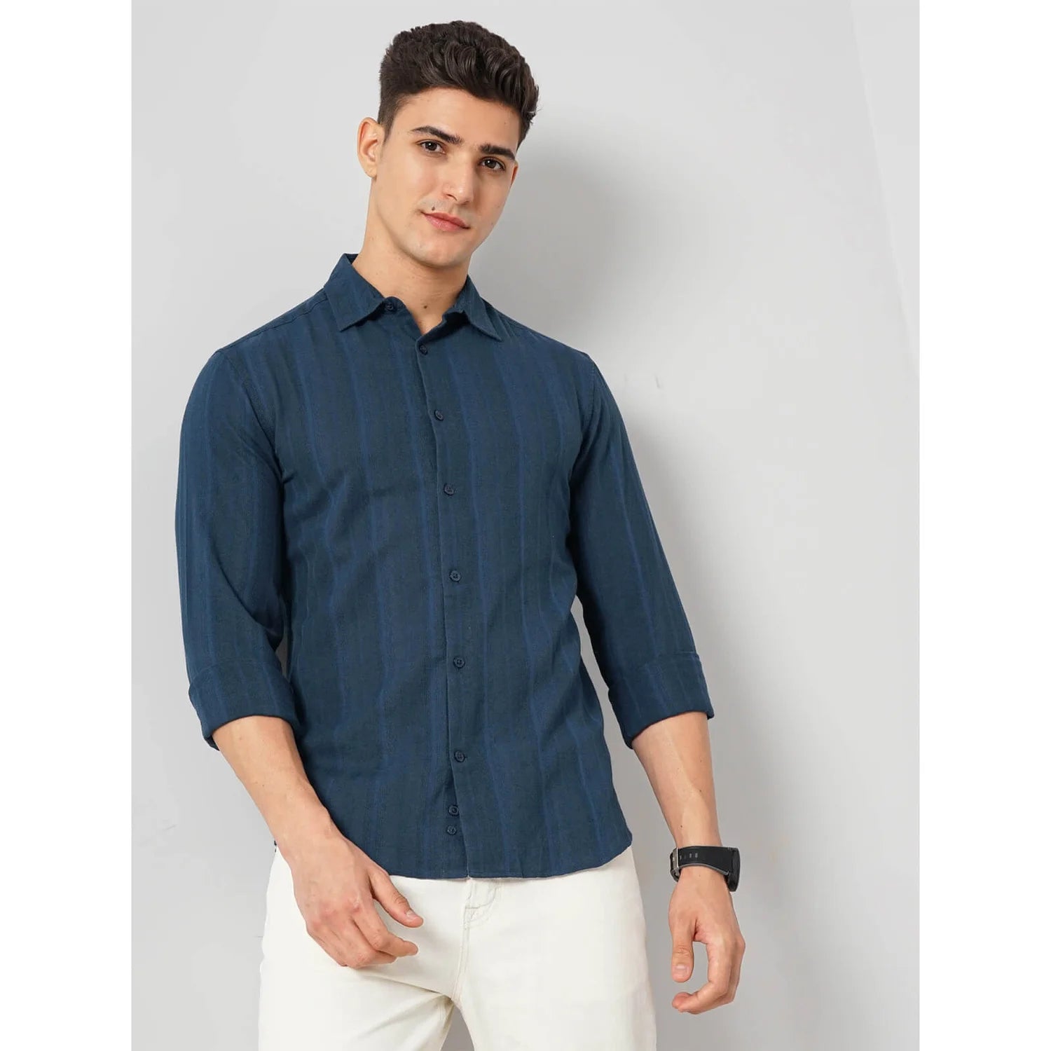 Cream Self-Design Cotton-Linen-Blend Shirt