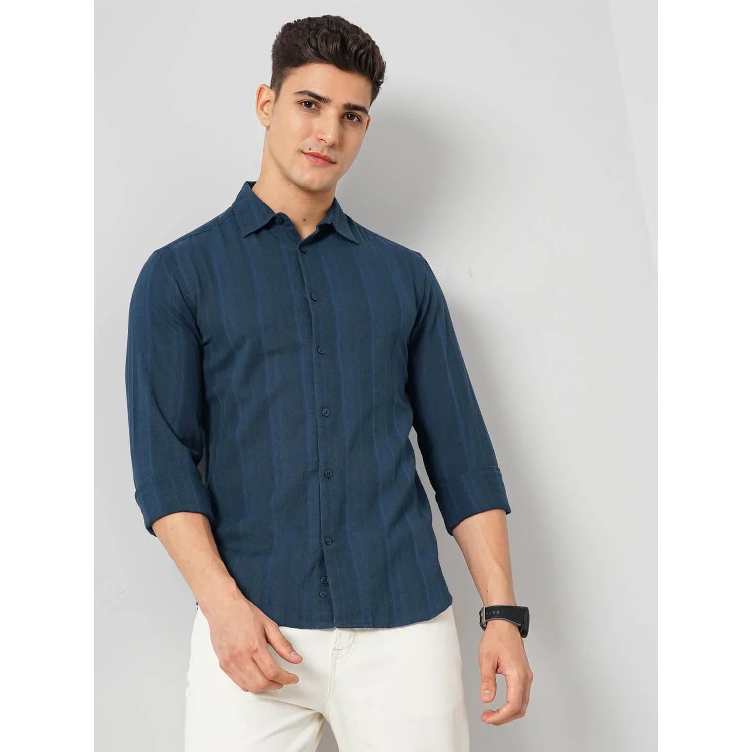 Teal Self-Design Cotton Shirt