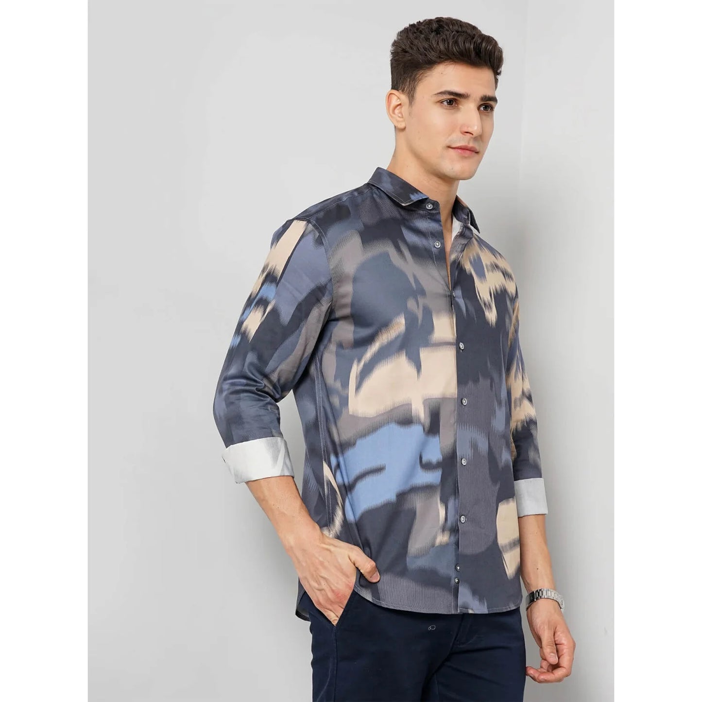 Grey Abstract Print Cotton Shirt