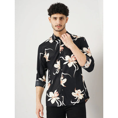 Celio* Floral Regular Fit Cotton-Blend Black Shirt