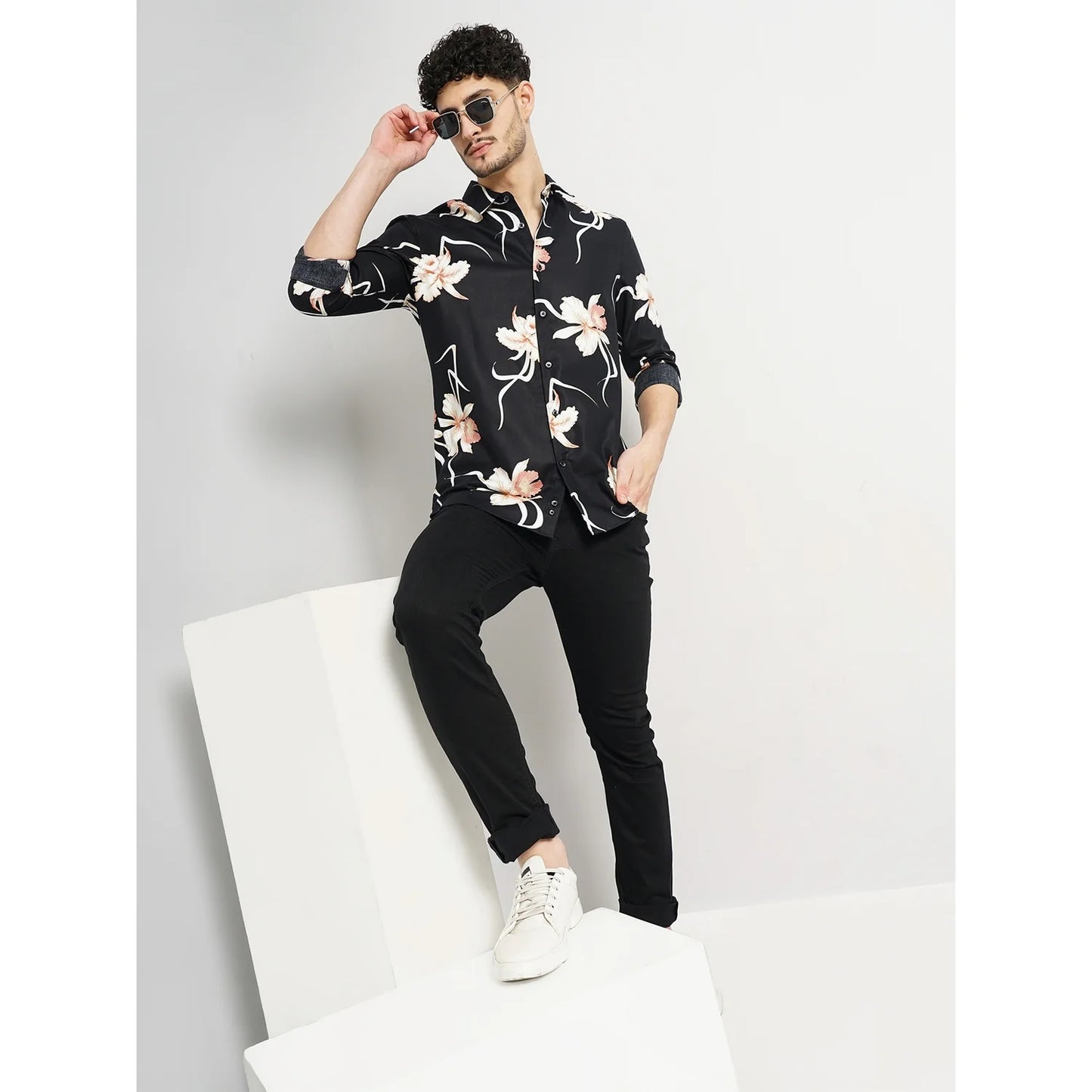 Black Floral Cotton-Blend Shirt