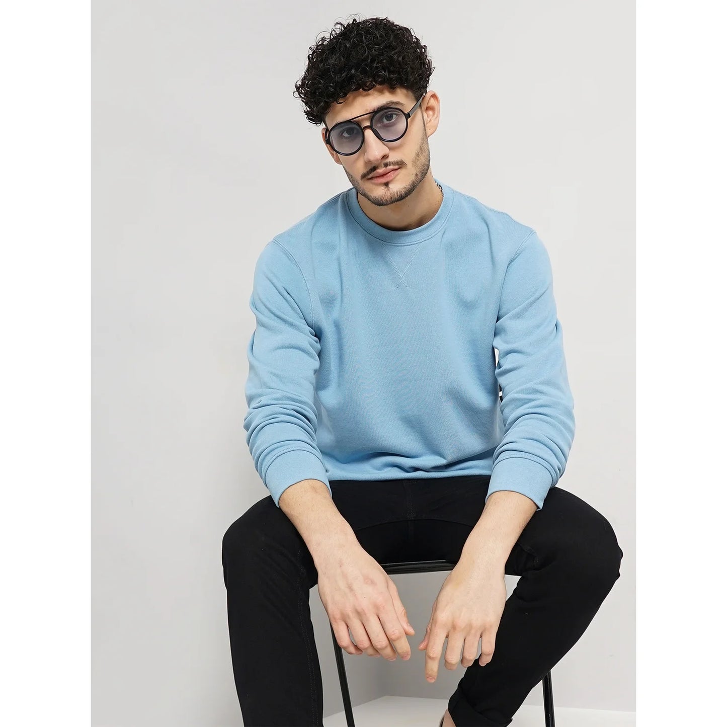 Blue Solid Cotton Sweater