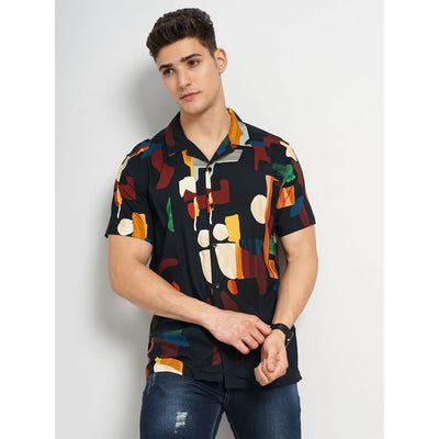 Celio* Abstract Regular Fit Viscose Black Shirt