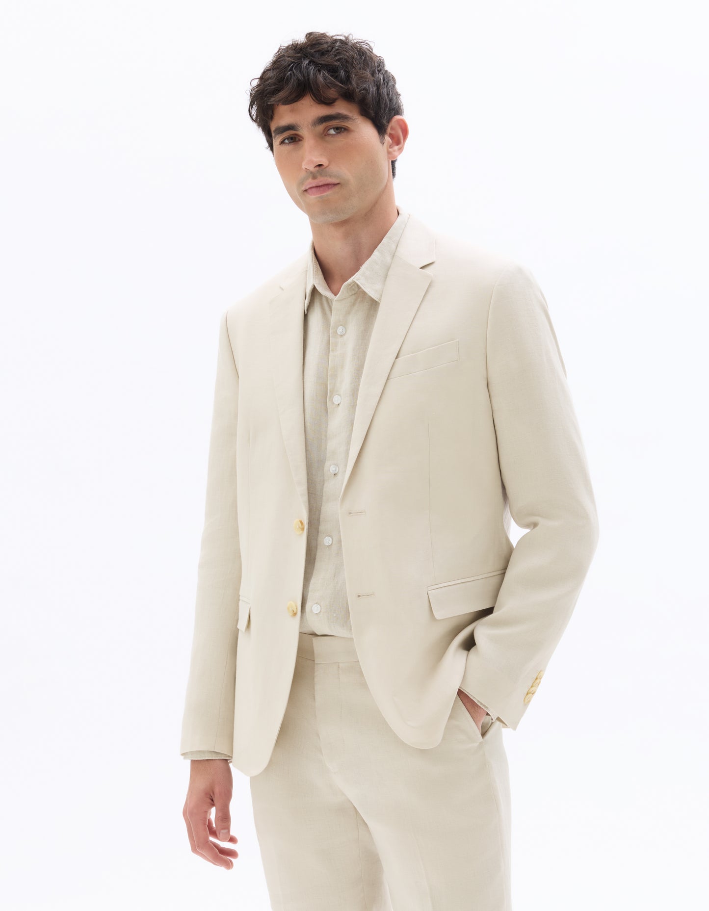 Celio Solid Slim Fit Linen Off White Blazer