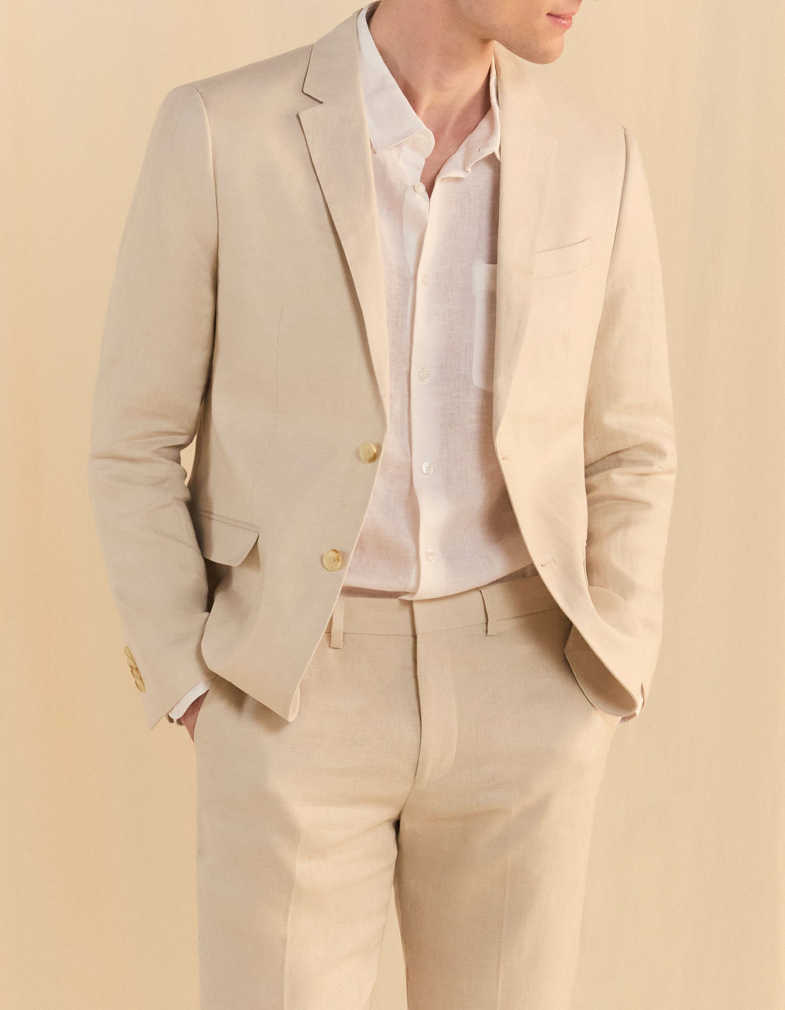 Celio Solid Slim Fit Linen Off White Blazer