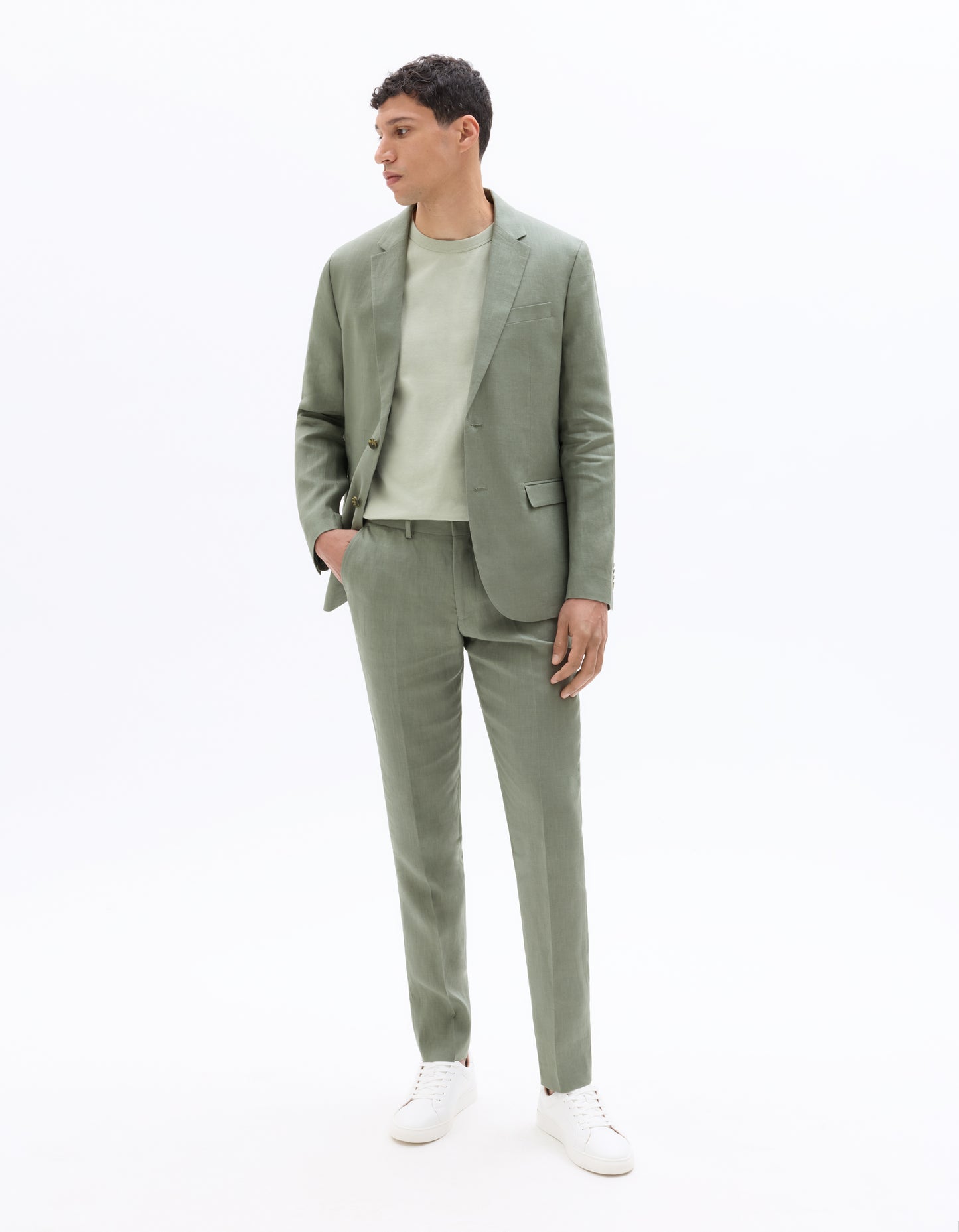 Celio Mens Olive Solid Slim Fit Linen Formal Trouser