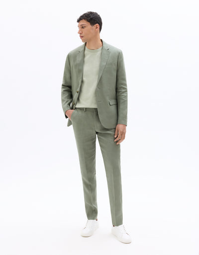 Celio Mens Olive Solid Slim Fit Linen Formal Trouser