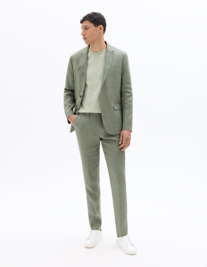 Celio Mens Olive Solid Slim Fit Linen Formal Trouser