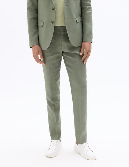 Celio Mens Olive Solid Slim Fit Linen Formal Trouser