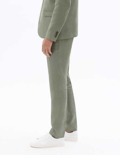 Celio Mens Olive Solid Slim Fit Linen Formal Trouser
