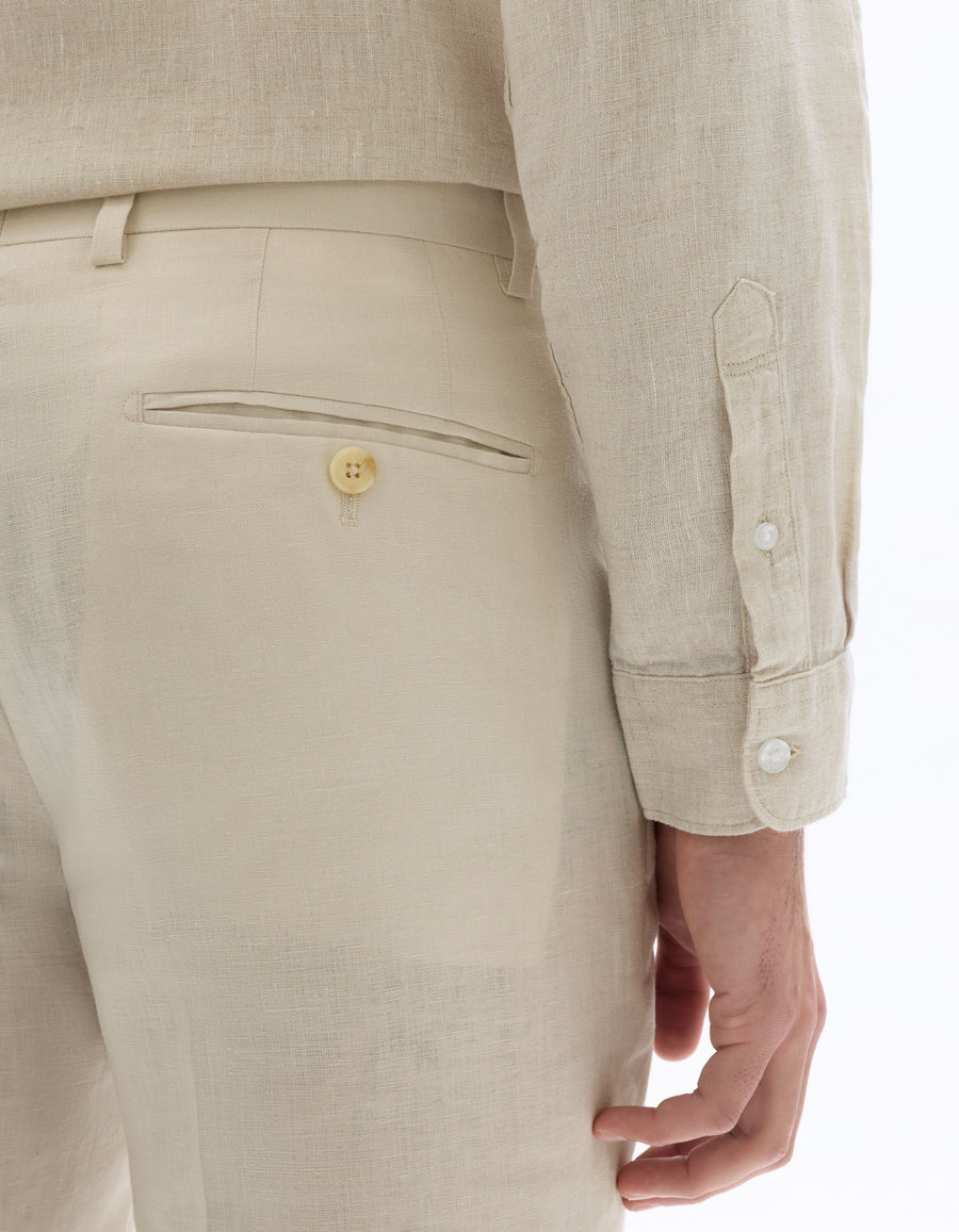 Slim Fit 100% Linen Solid Formal Trousers - Natural