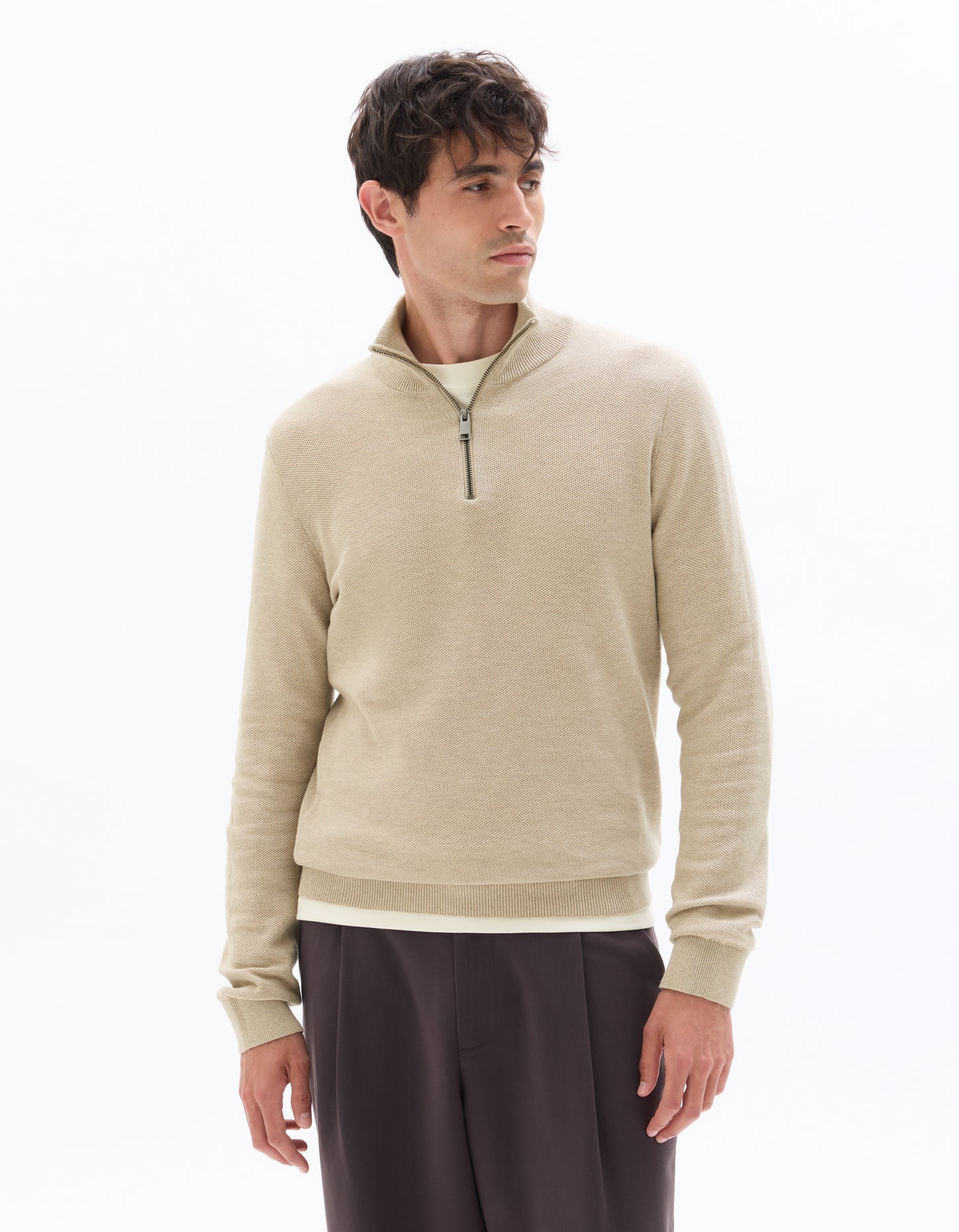 Regular Fit 100% Cotton High Neck Sweater - Beige