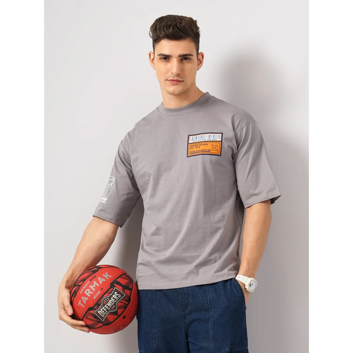 Mumbai Indians - Grey Printed Cotton T-shirt