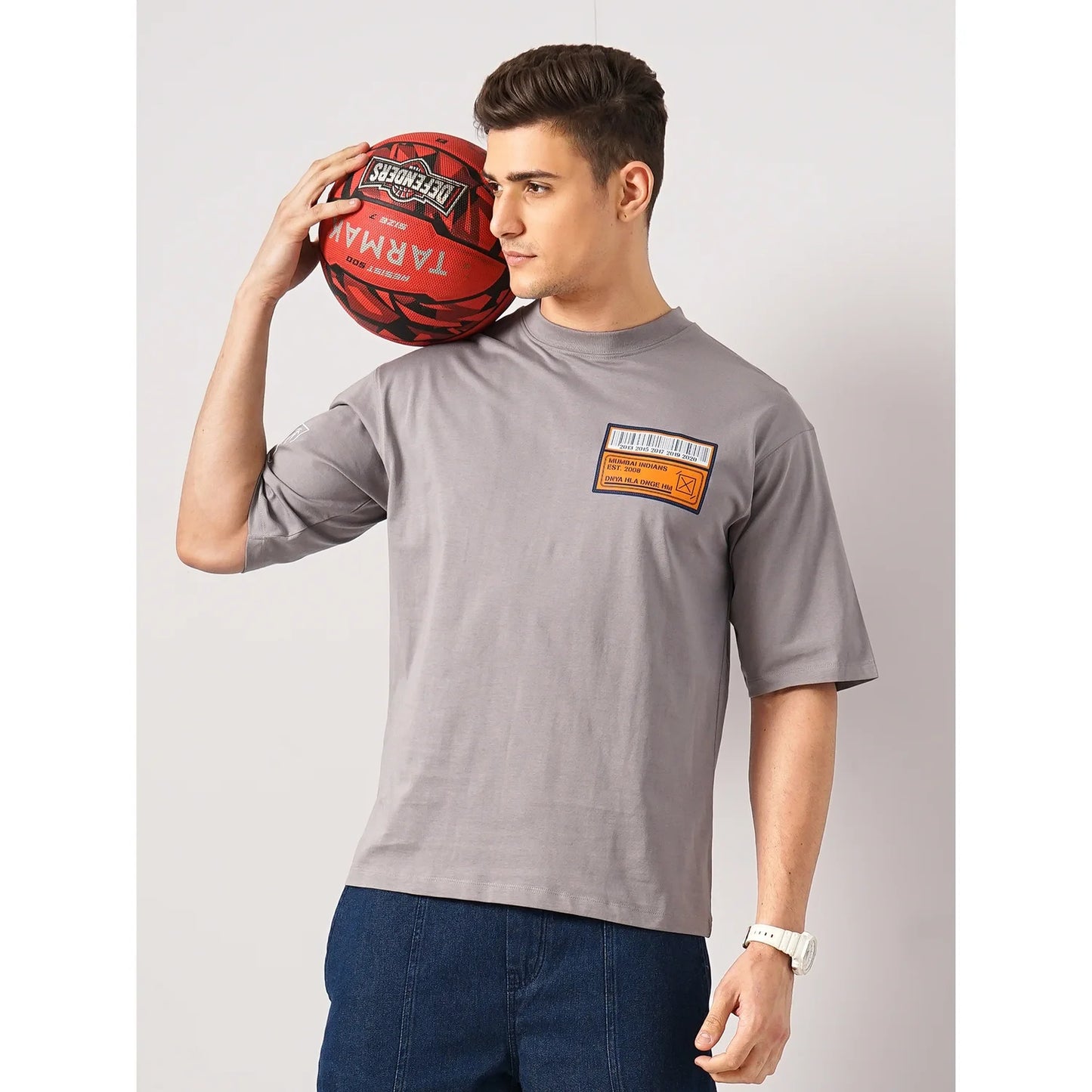 Mumbai Indians - Grey Printed Cotton T-shirt